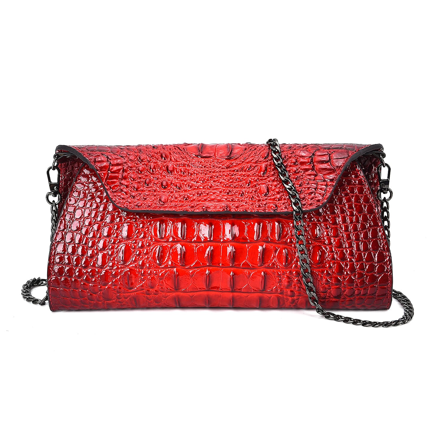 Designer Inspired - Embossed Genuine Leather Crossbody Bag With Long Chain - Red