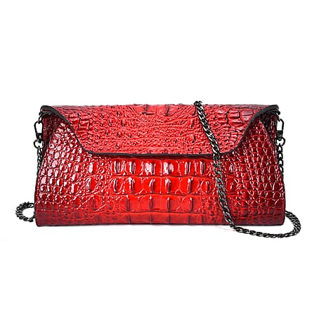 Designer Inspired - Embossed Genuine Leather Crossbody Bag With Long Chain - Red