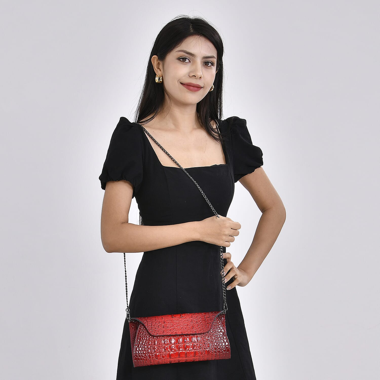 Designer Inspired - Embossed Genuine Leather Crossbody Bag With Long Chain - Red