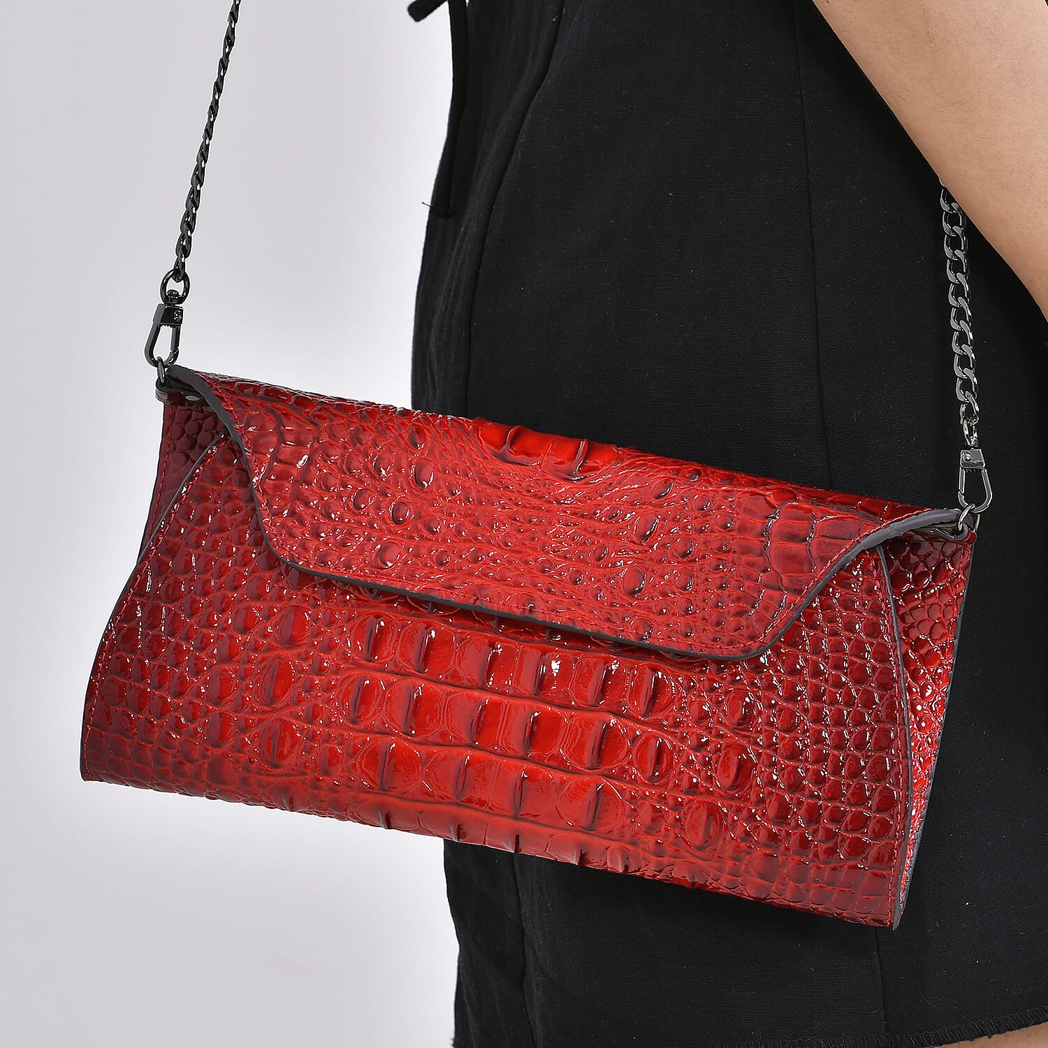 Designer Inspired - Embossed Genuine Leather Crossbody Bag With Long Chain - Red