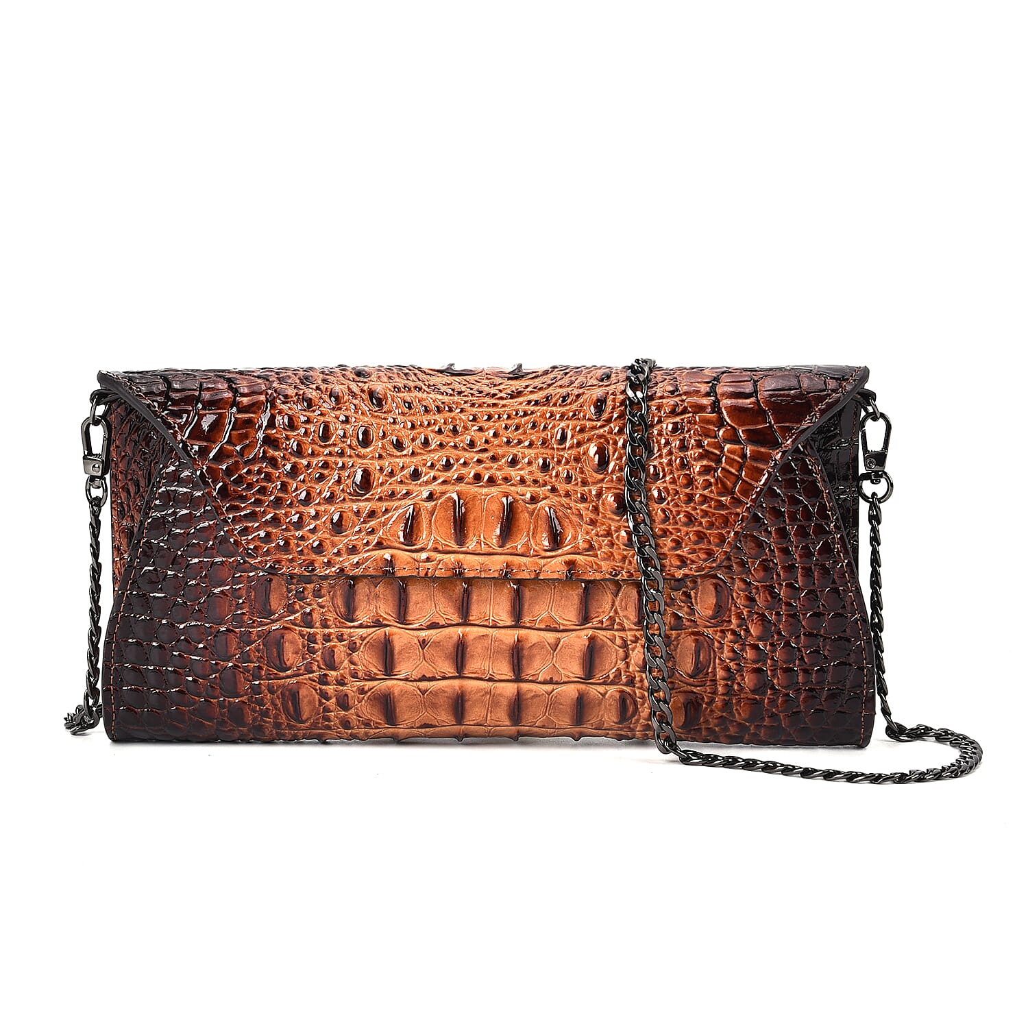 Designer Inspired - Embossed Genuine Leather Crossbody Bag With Long Chain - Brown