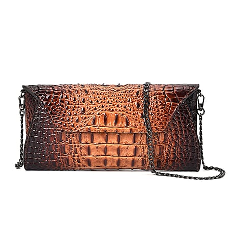 Designer Inspired - Embossed Genuine Leather Crossbody Bag - Brown