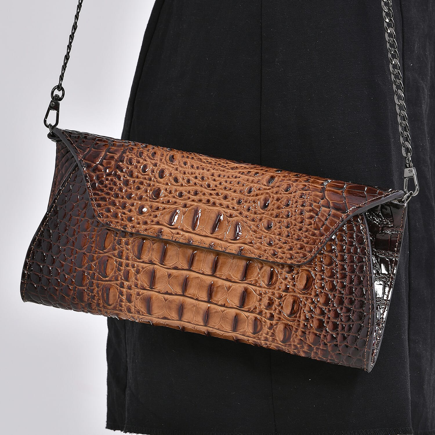 Designer Inspired - Embossed Genuine Leather Crossbody Bag With Long Chain - Brown