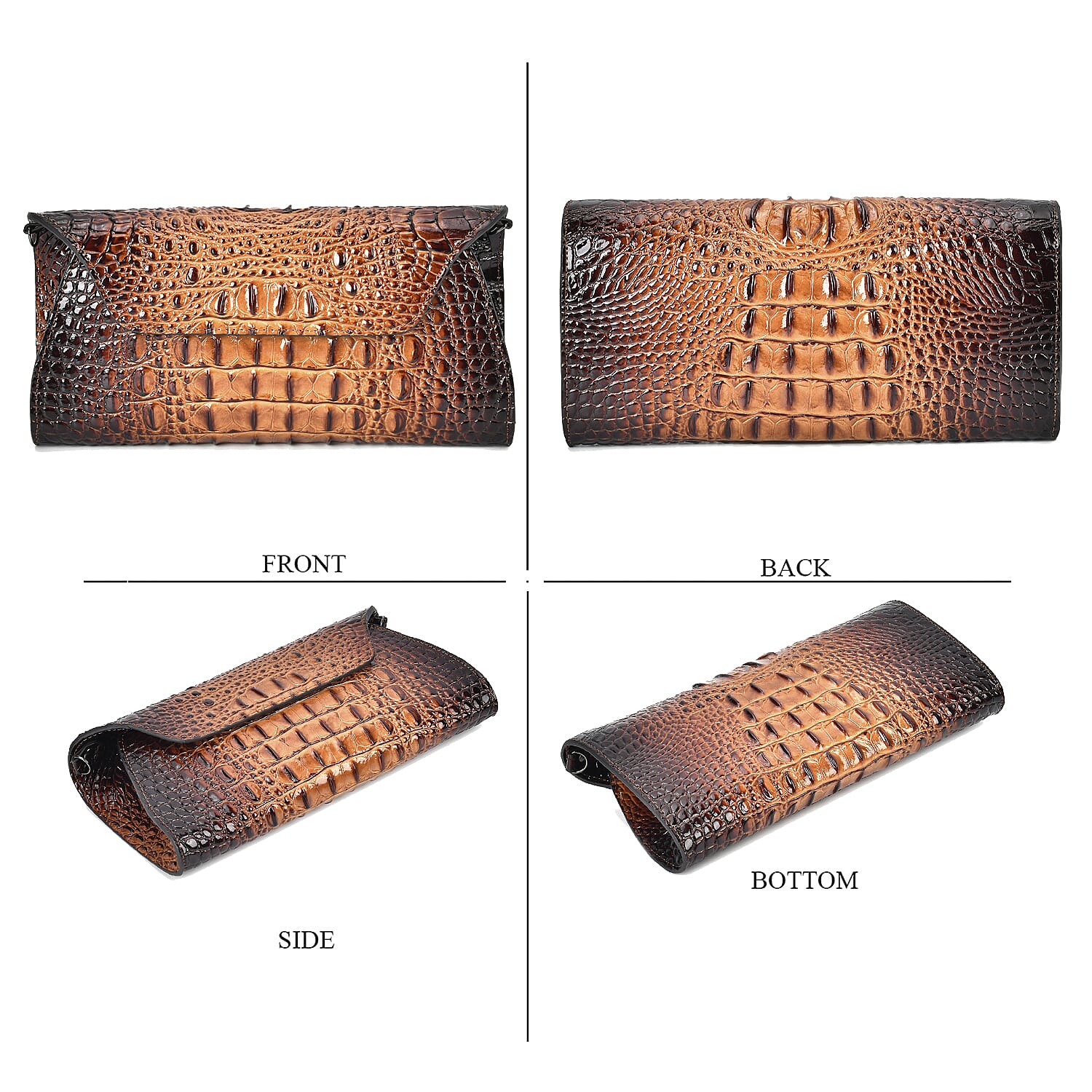 Designer Inspired - Embossed Genuine Leather Crossbody Bag With Long Chain - Brown