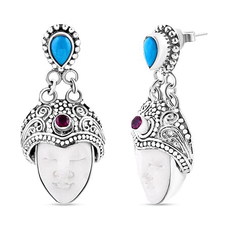 Royal Bali - Princess Bali Collection - Handmade Ox Bone, Red Garnet and Sleeping Beauty Turquoise Goddess Earring Sterling Silver, Silver Wt. 12.5 Gms