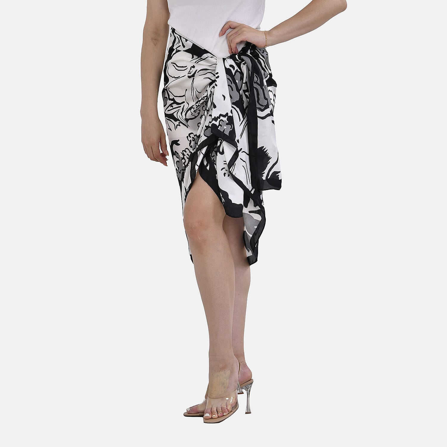 Closeout Deal - Cloud Brocade Umbrella with Flower Printed Long Scarf (Size 180x80 cm) - White & Black