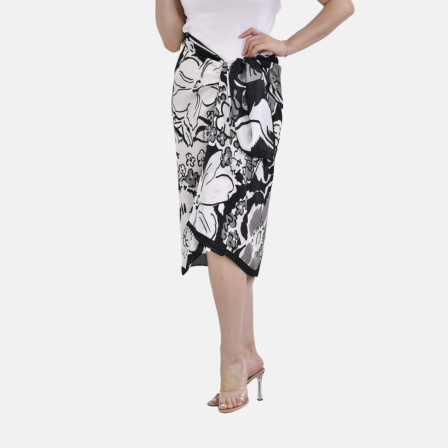 Closeout Deal - Cloud Brocade Umbrella with Flower Printed Long Scarf (Size 180x80 cm) - White & Black