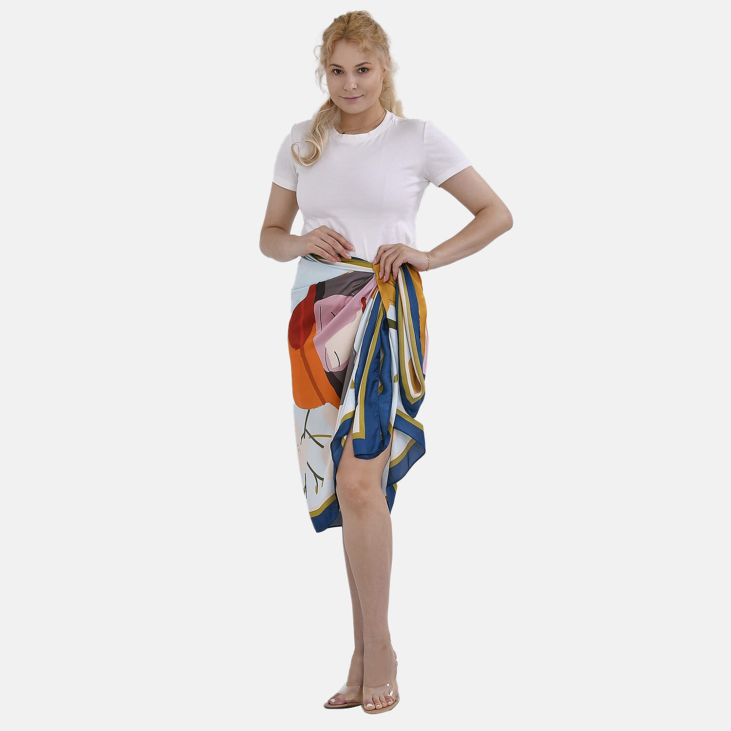 Closeout Deal - Cloud Brocade Women with Flower Printed Long scarf (Size 180x80 cm) - Blue & Yellow