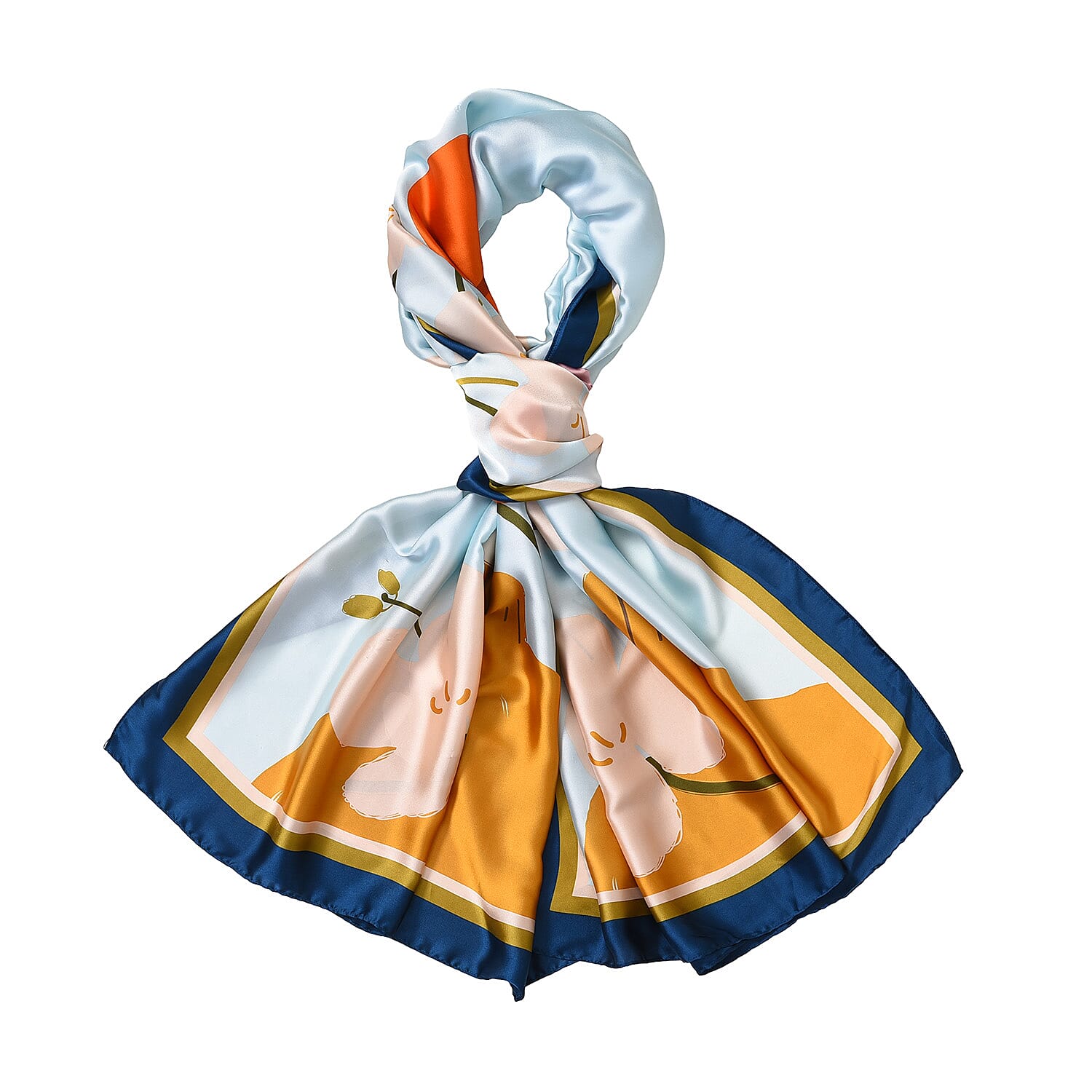 Closeout Deal - Cloud Brocade Women with Flower Printed Long scarf (Size 180x80 cm) - Blue & Yellow