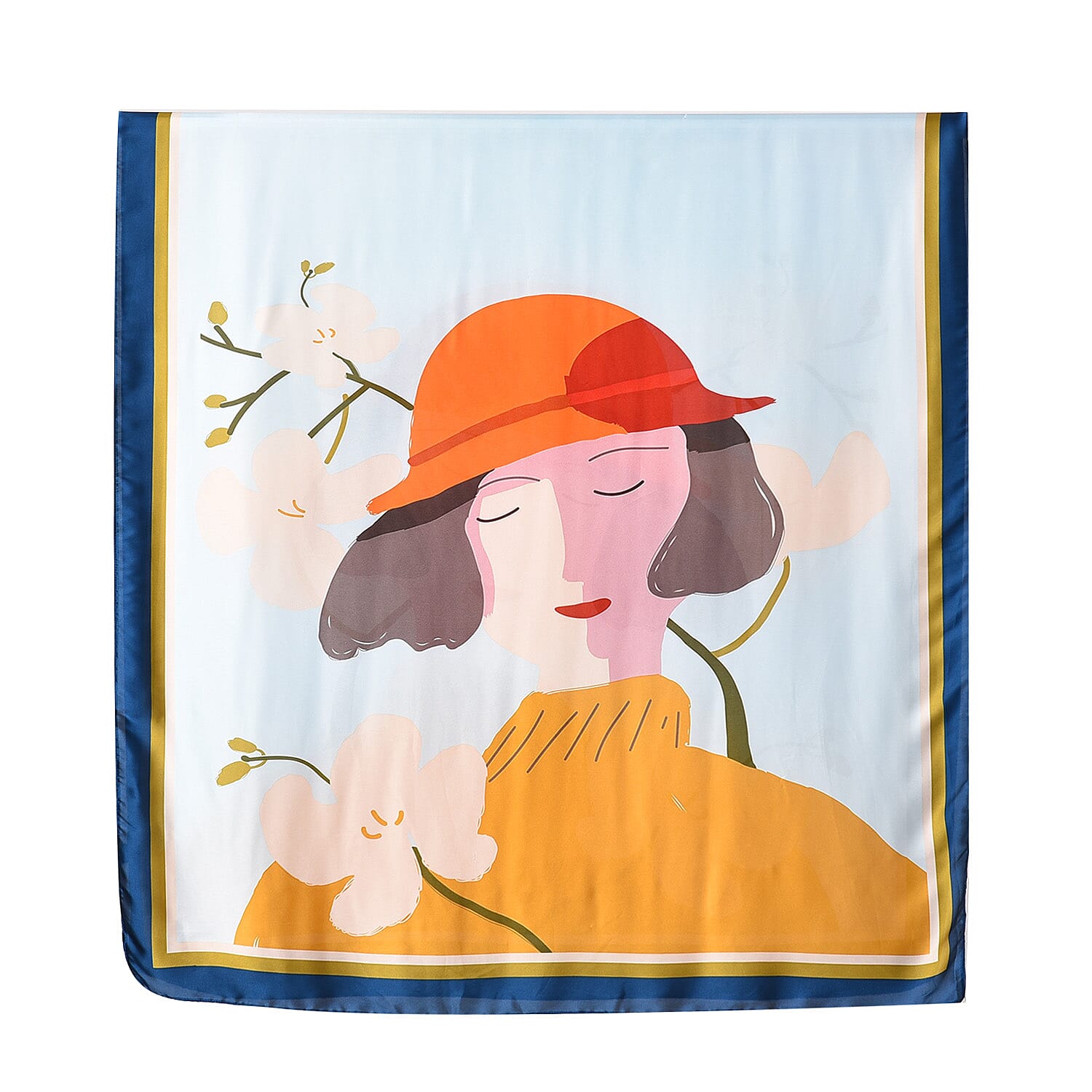 Closeout Deal - Cloud Brocade Women with Flower Printed Long scarf (Size 180x80 cm) - Blue & Yellow