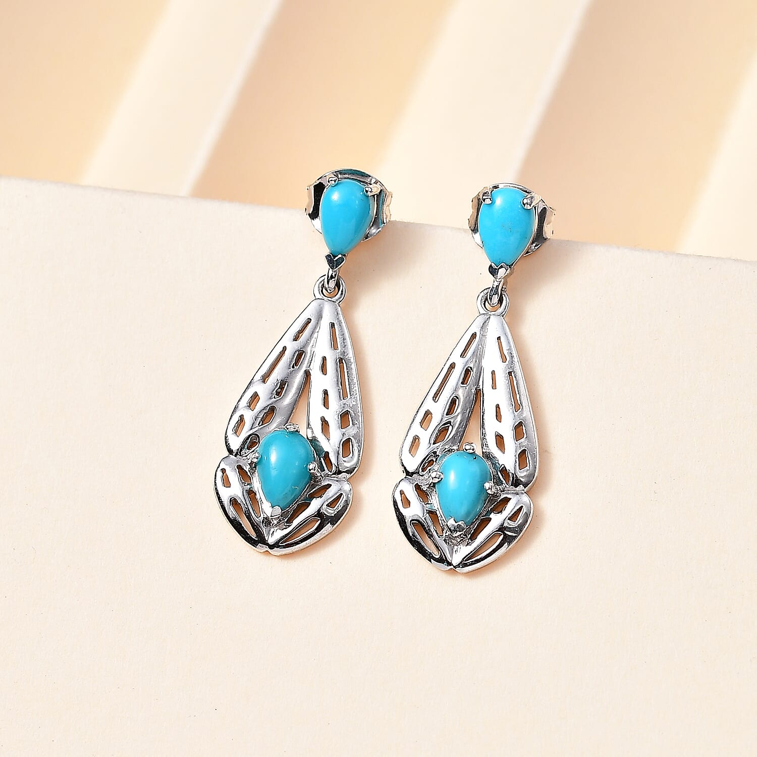 Arizona Sleeping Beauty Turquoise Dangle Earrings in Platinum Overlay Sterling Silver 1.60 Ct.