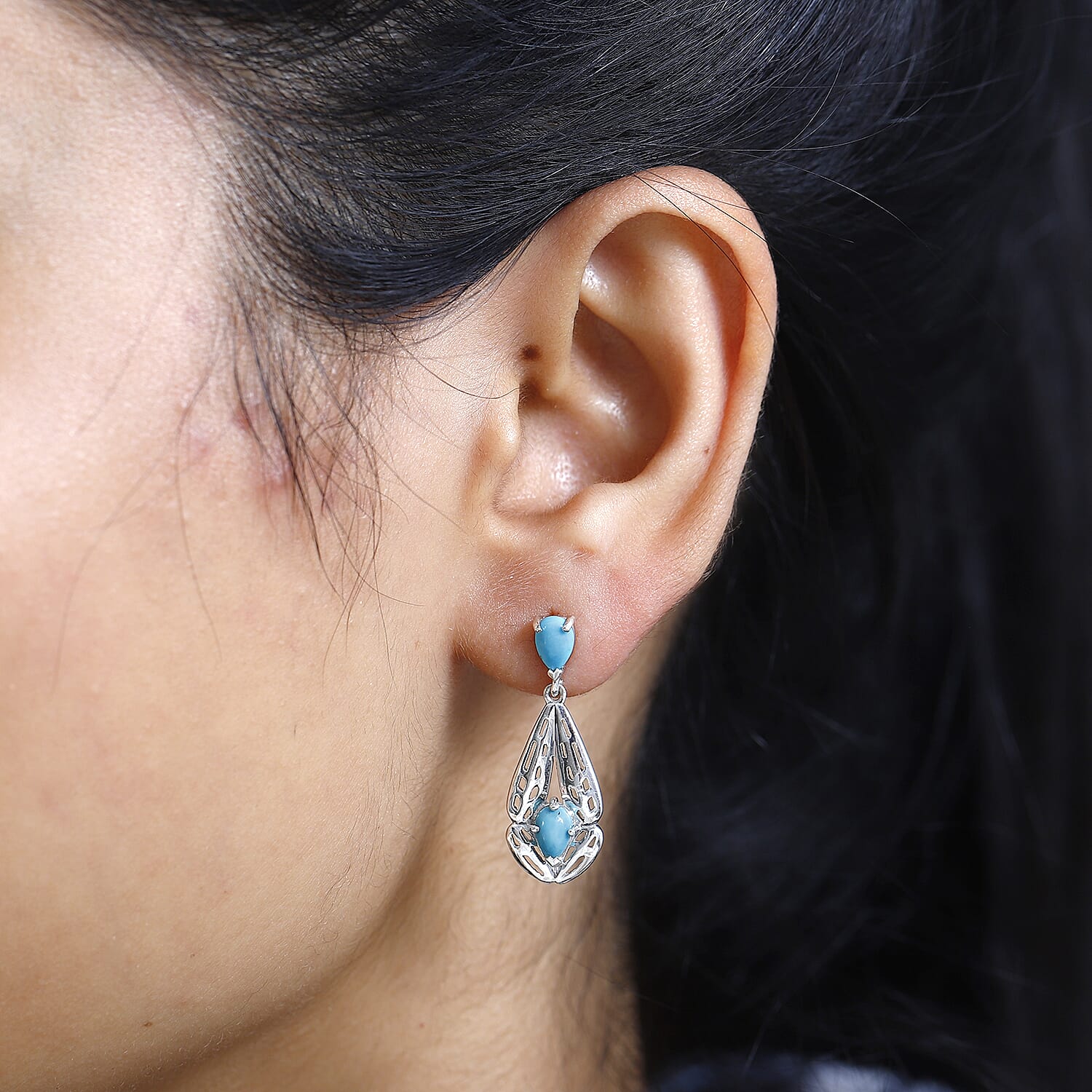 Arizona Sleeping Beauty Turquoise Dangle Earrings in Platinum Overlay Sterling Silver 1.60 Ct.