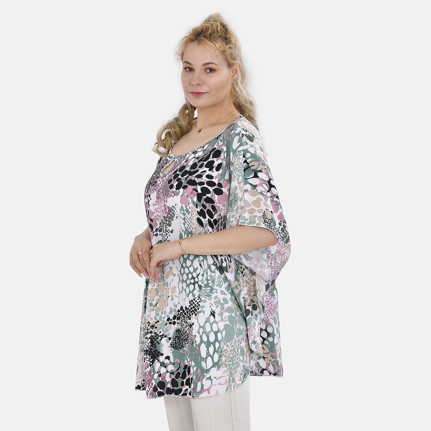 TAMSY 100% Viscose Printed Round Neck Top (One Size) - White