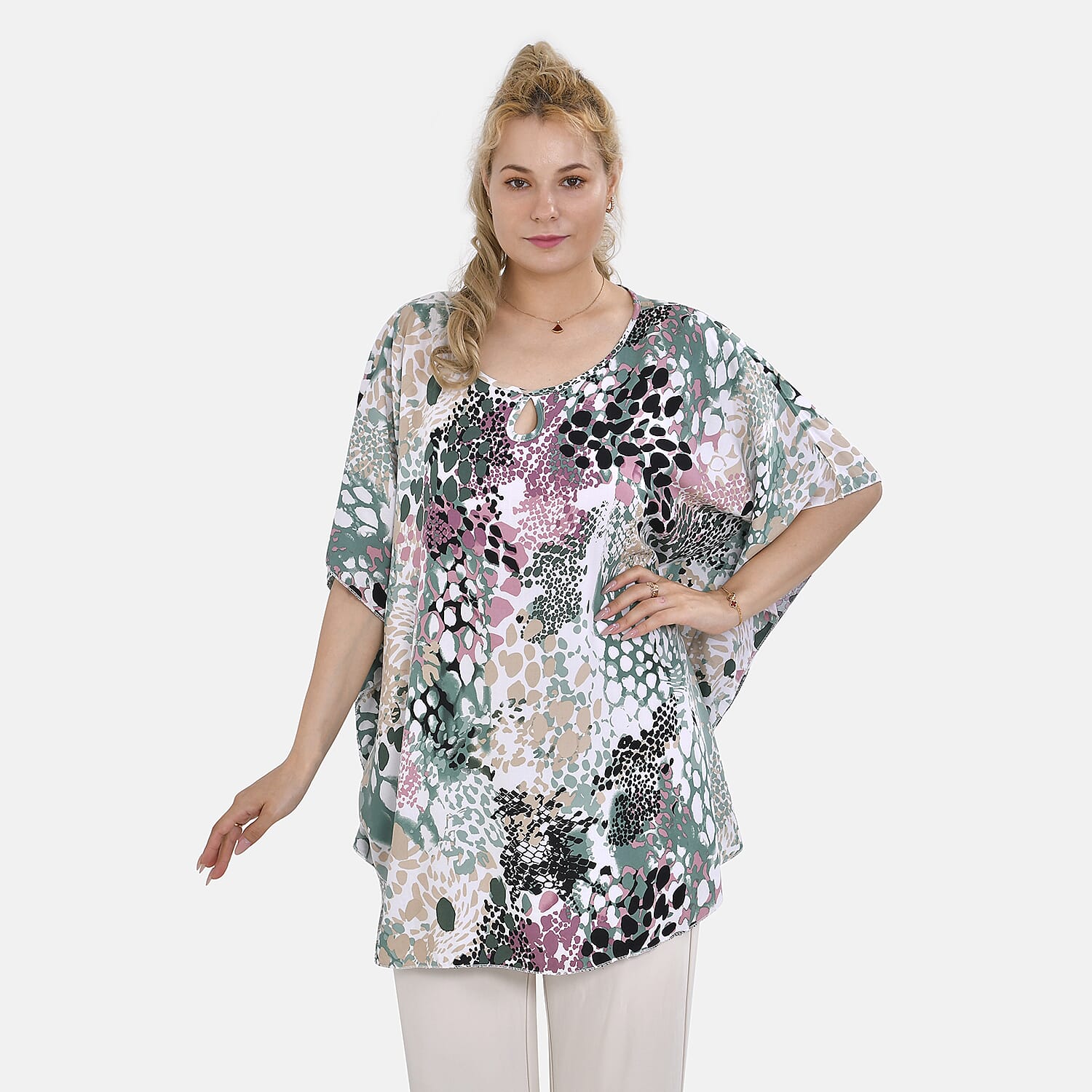 TAMSY 100% Viscose Printed Round Neck Top (One Size) - White