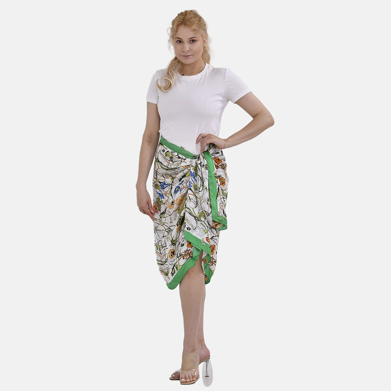 Closeout Deal - Cloud Brocade Border Printed Long scarf (Size 180x80 cm) - White & Green