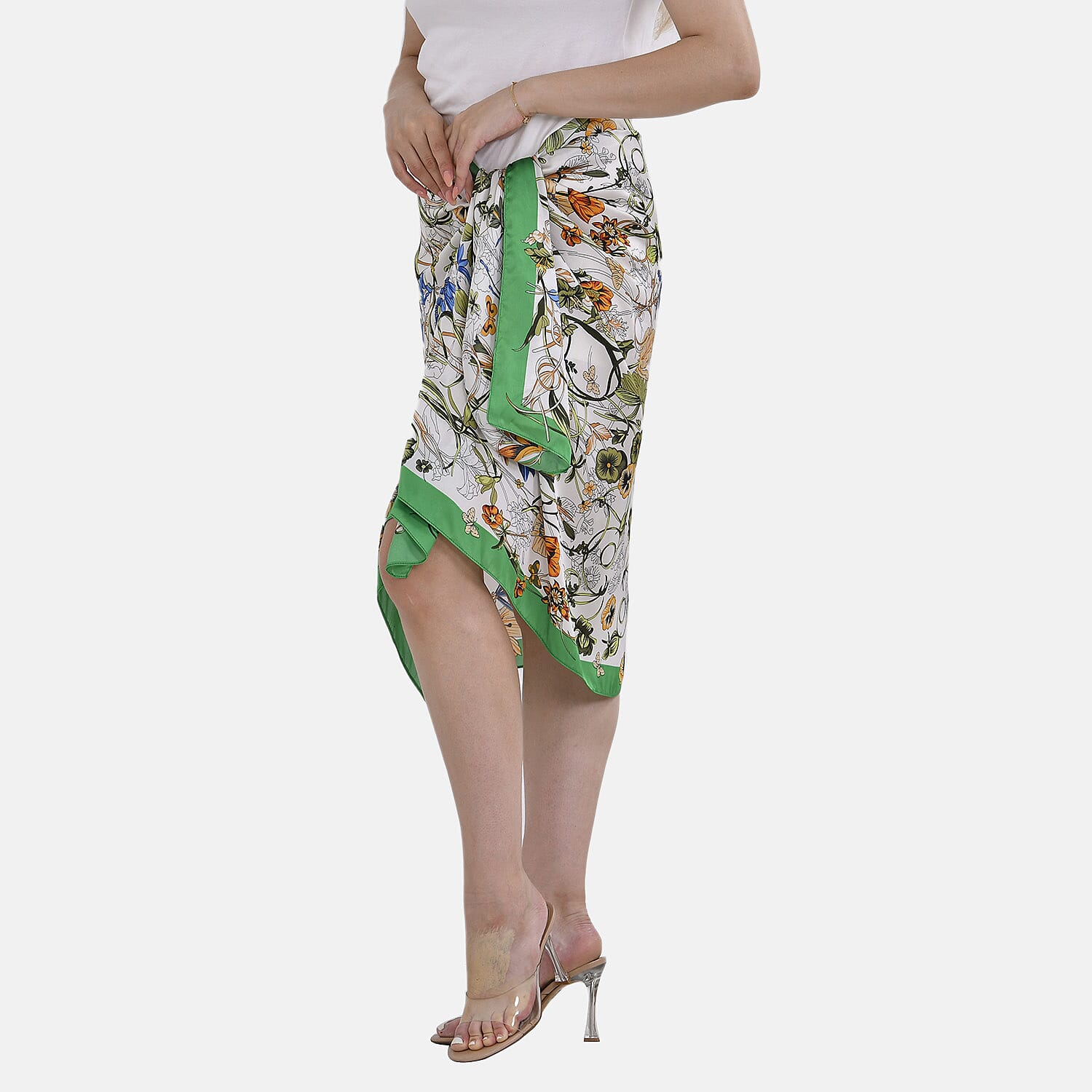 Closeout Deal - Cloud Brocade Border Printed Long scarf (Size 180x80 cm) - White & Green