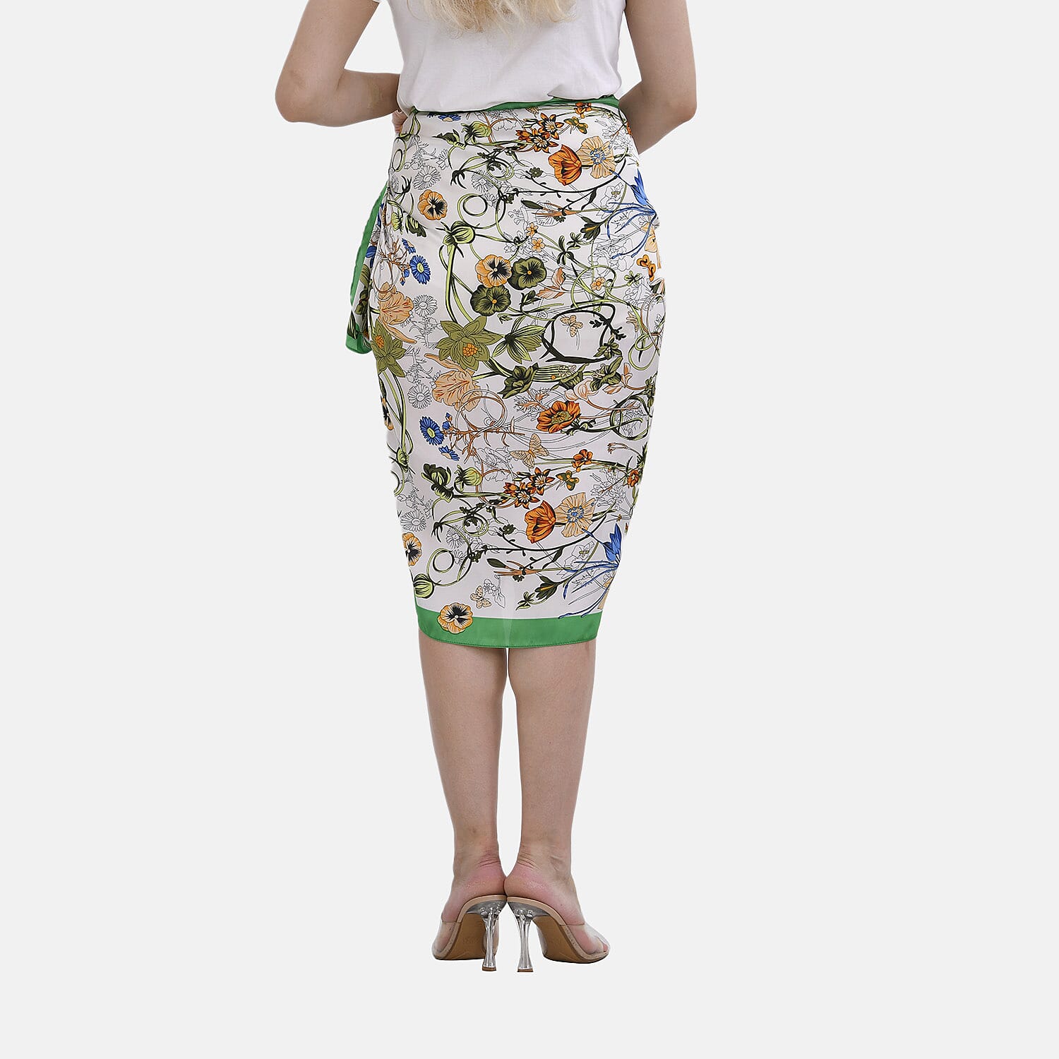 Closeout Deal - Cloud Brocade Border Printed Long scarf (Size 180x80 cm) - White & Green