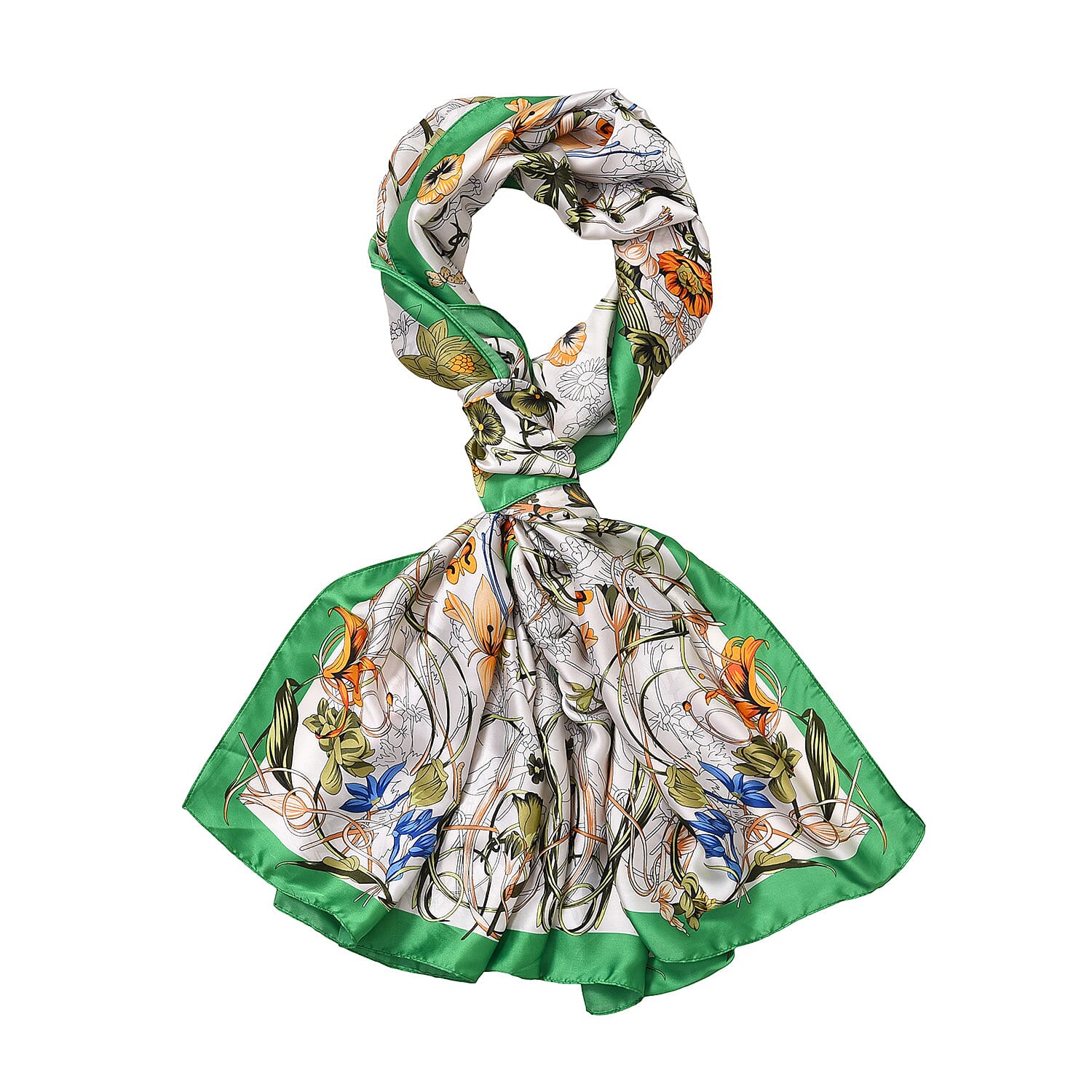 Closeout Deal - Cloud Brocade Border Printed Long scarf (Size 180x80 cm) - White & Green