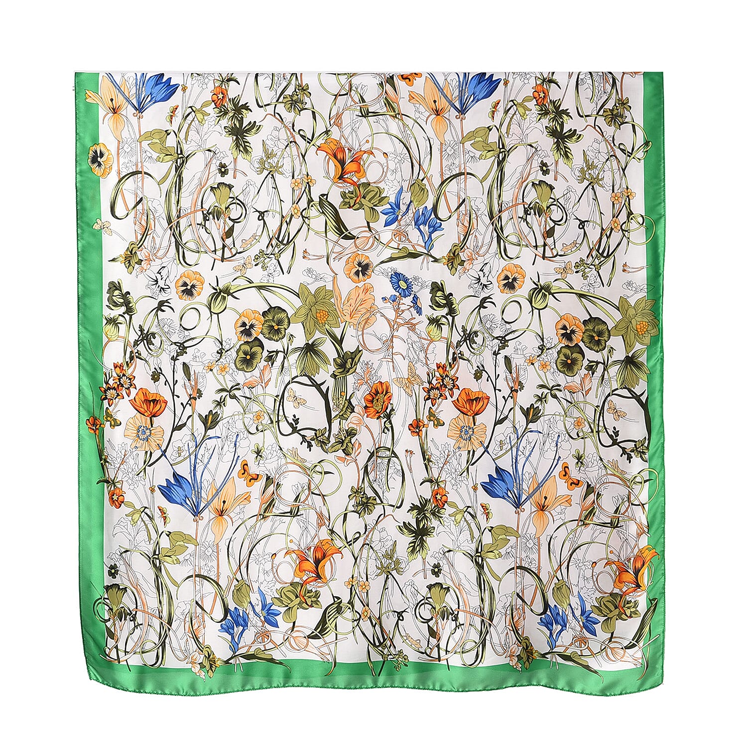 Closeout Deal - Cloud Brocade Border Printed Long scarf (Size 180x80 cm) - White & Green
