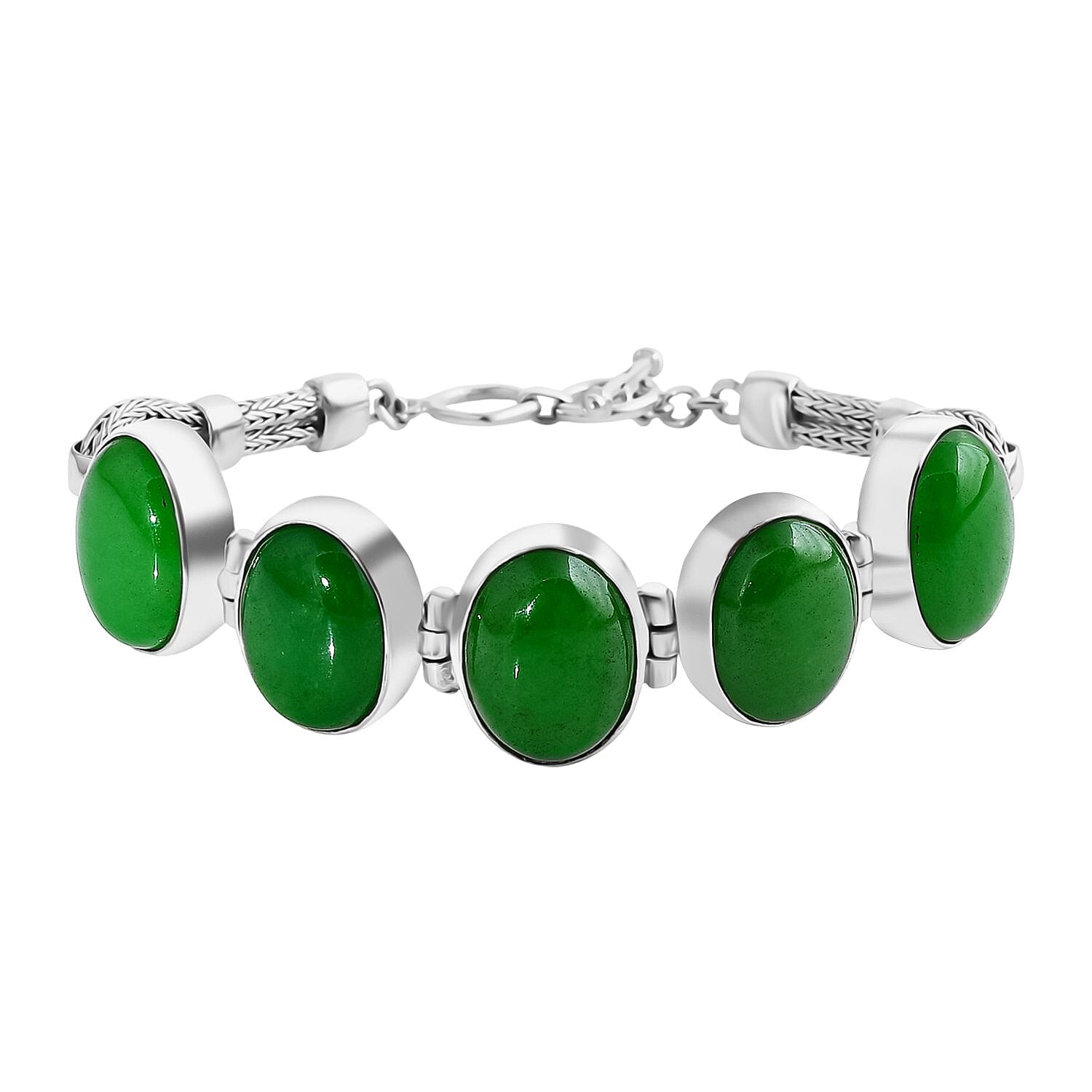 Royal Bali Collection Green Jade Bracelet (Size 8) with T-Bar Clasp Sterling Silver 90.33 Ct, Silver Wt. 26.00 Gms.