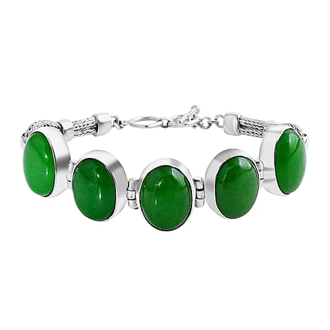 Royal Bali Collection Green Jade Bracelet (Size 8) with T-Bar Clasp Sterling Silver 90.33 Ct, Silver Wt. 26.00 Gms.