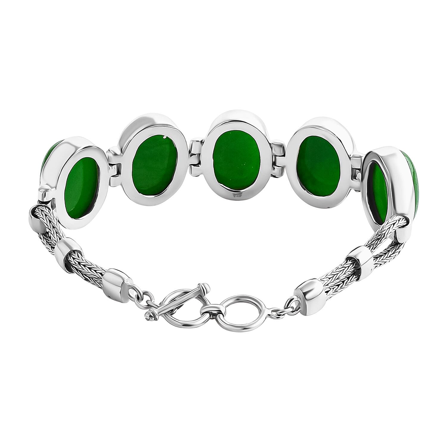 Royal Bali Collection Green Jade Bracelet (Size 8) with T-Bar Clasp Sterling Silver 90.33 Ct, Silver Wt. 26.00 Gms.