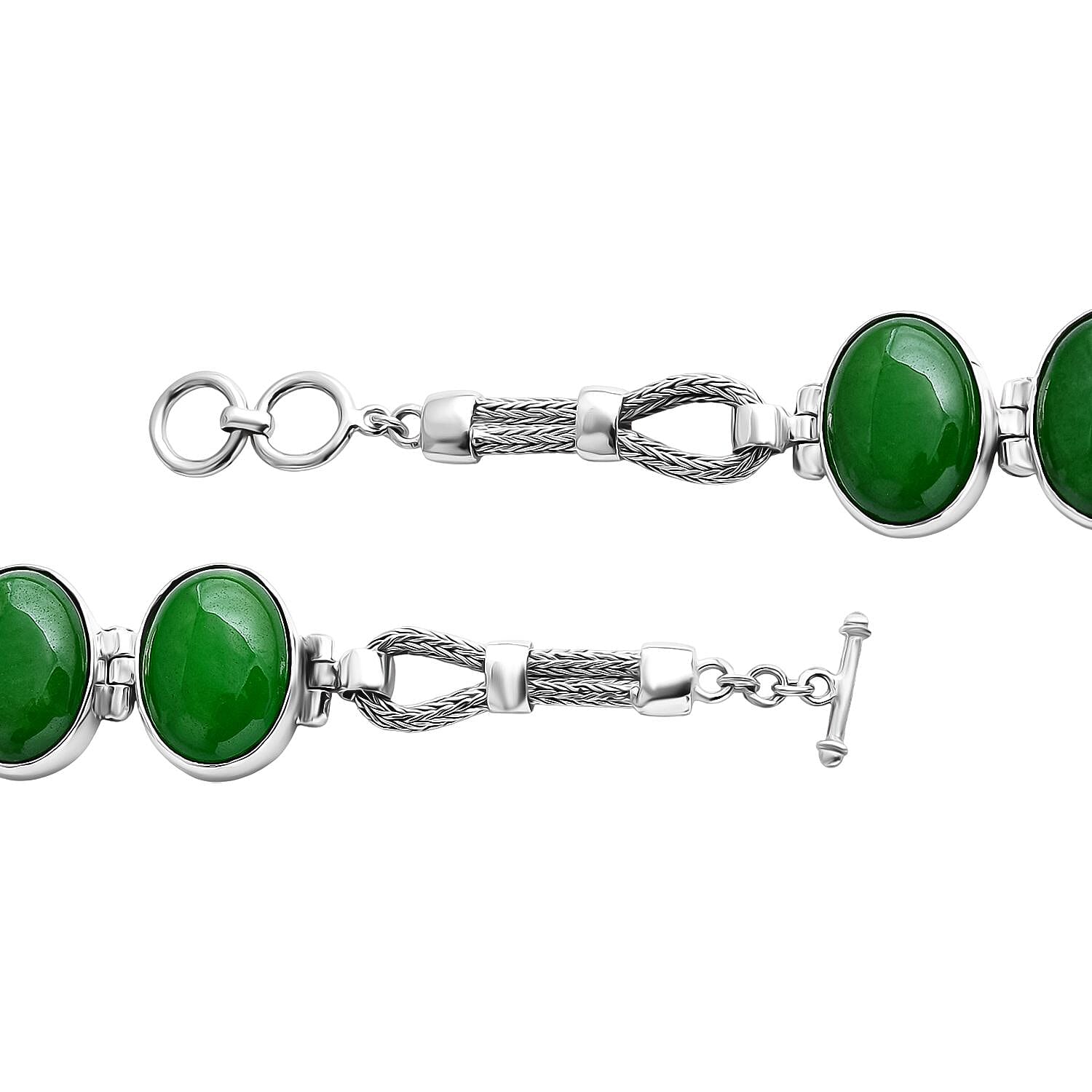 Royal Bali Collection Green Jade Bracelet (Size 8) with T-Bar Clasp Sterling Silver 90.33 Ct, Silver Wt. 26.00 Gms.