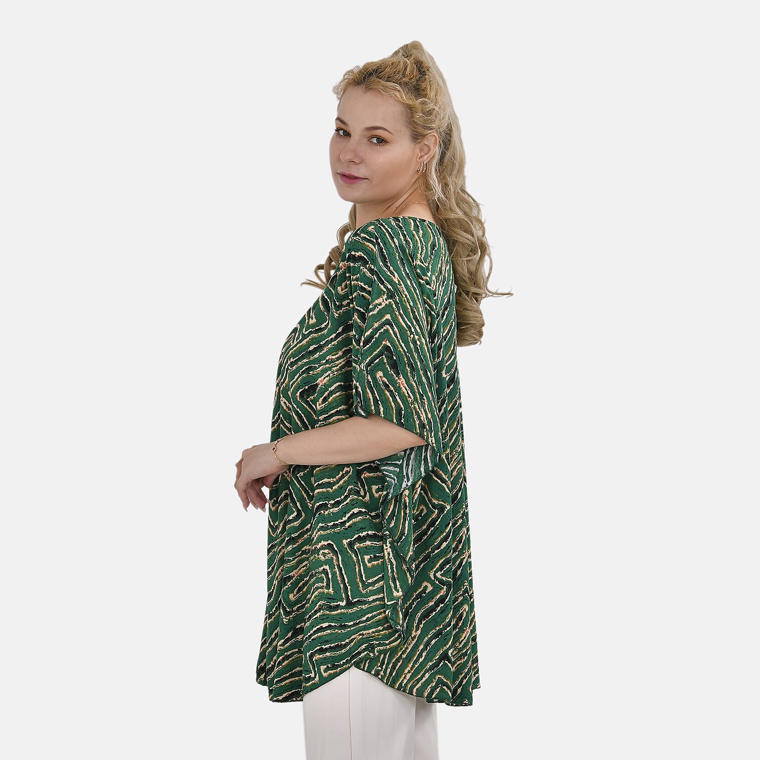 TAMSY 100% Viscose Printed Round Neck Top (One Size) - Green