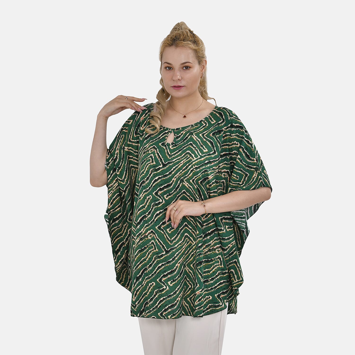 TAMSY 100% Viscose Printed Round Neck Top (One Size) - Green