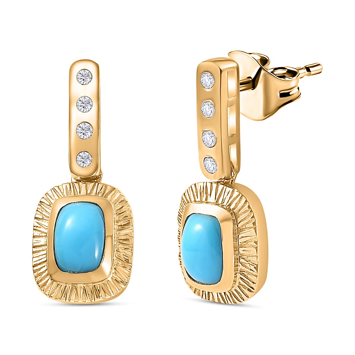 Arizona Sleeping Beauty Turquoise and Natural Zircon Dangle Earrings in 18K Vermeil Yellow Gold Plated Sterling Silver