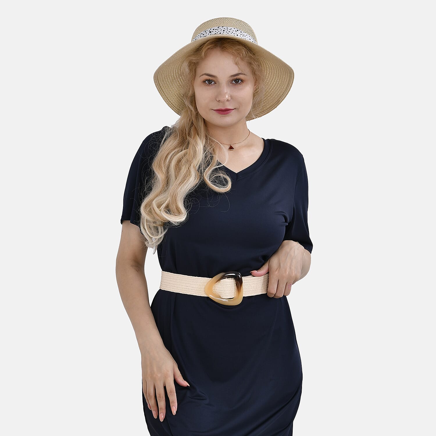 Set of 2 Paper Straw Patterned Hat (58cm) & Elastic Belt (100x5cm) - Beige