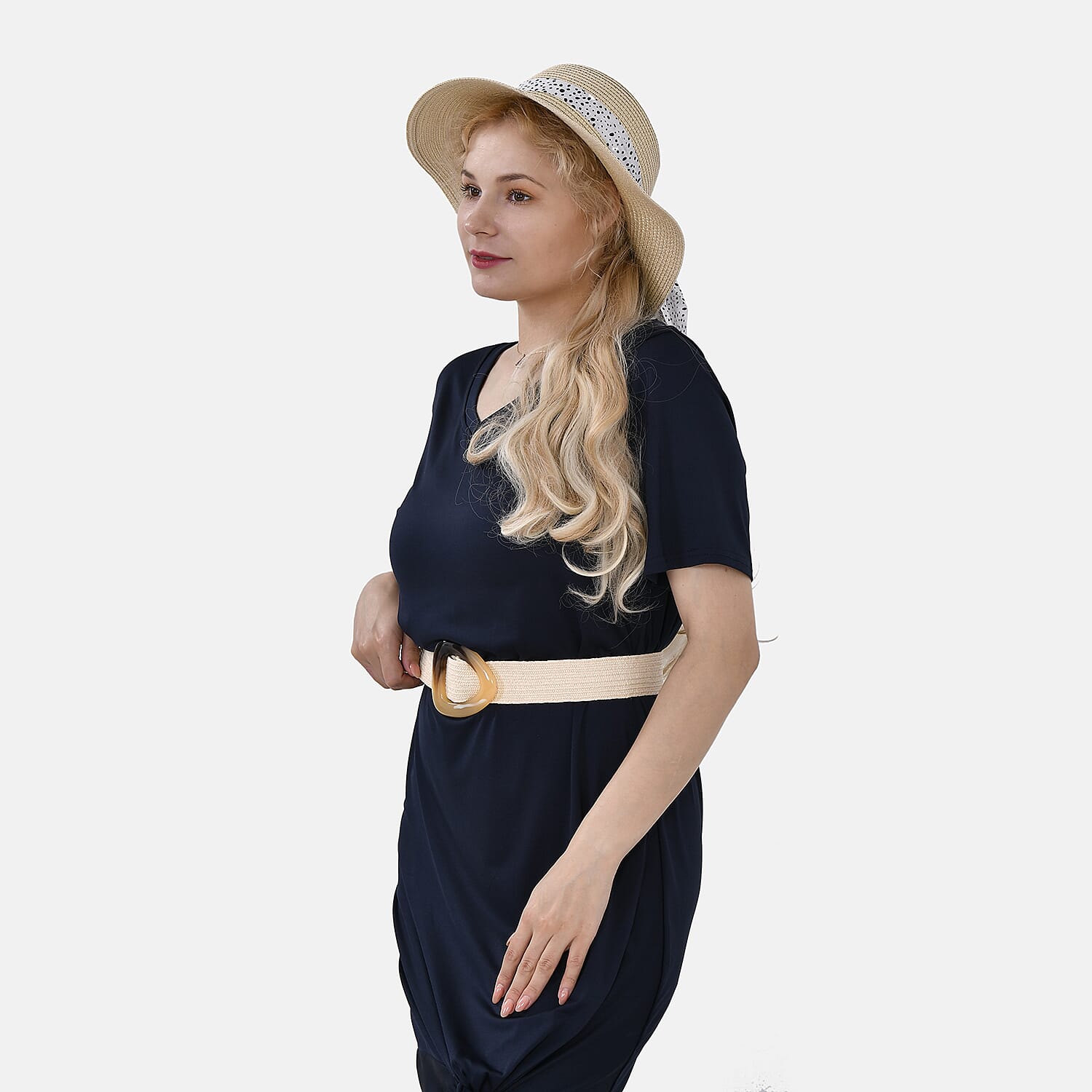 Set of 2 Paper Straw Patterned Hat (58cm) & Elastic Belt (100x5cm) - Beige