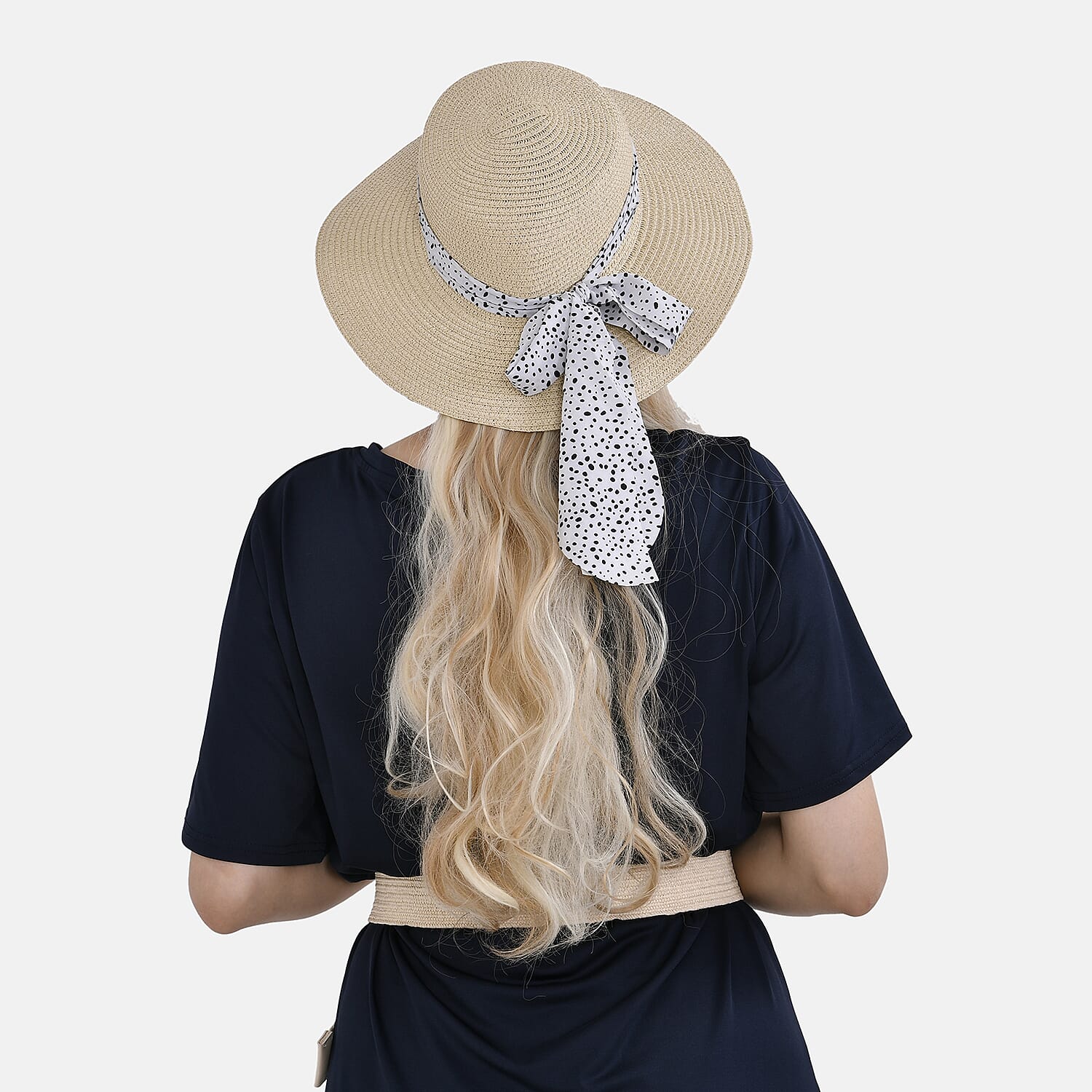 Set of 2 Paper Straw Patterned Hat (58cm) & Elastic Belt (100x5cm) - Beige