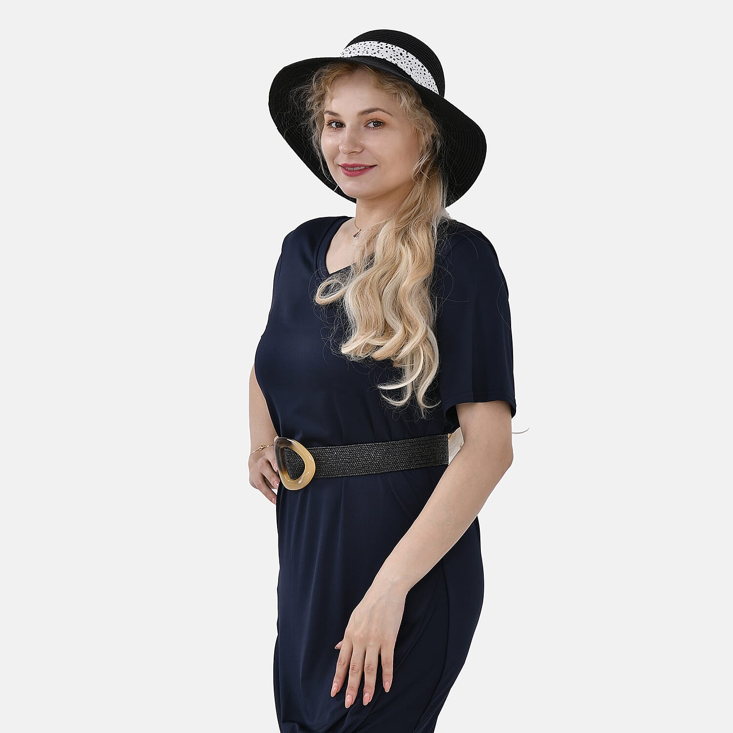 Set of 2 Paper Straw Patterned Hat (58cm) & Elastic Belt (100x5cm) - Black