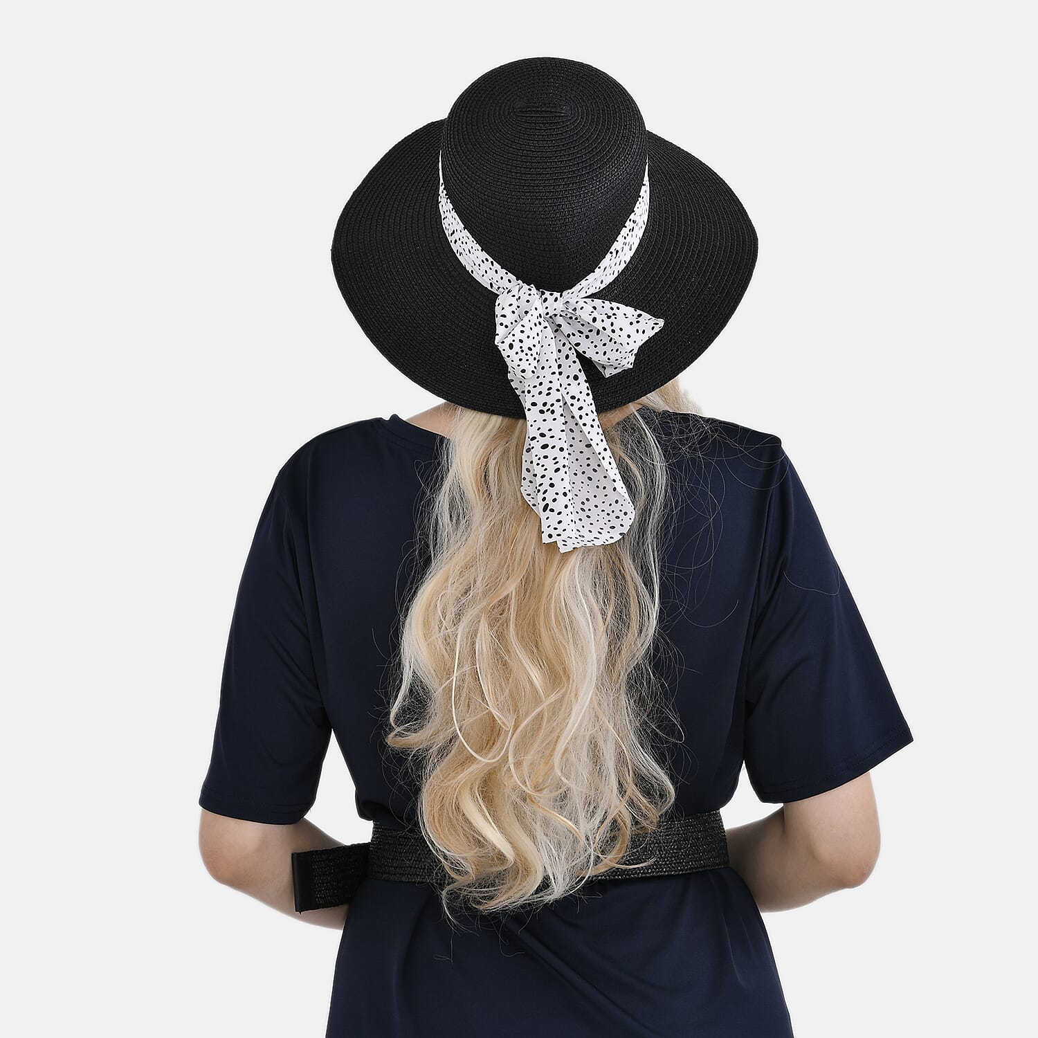 Set of 2 Paper Straw Patterned Hat (58cm) & Elastic Belt (100x5cm) - Black