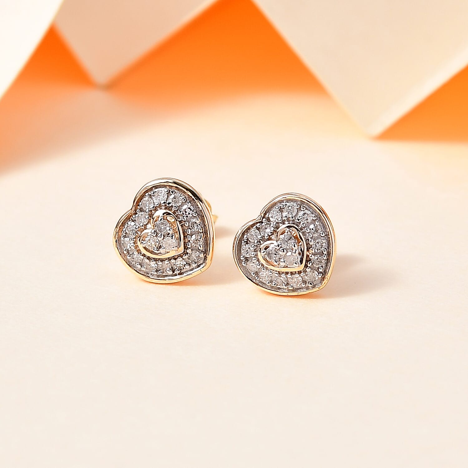 Your Choice - 9K Yellow Gold Natural White Diamond Earrings 0.20 Ct - Heart.