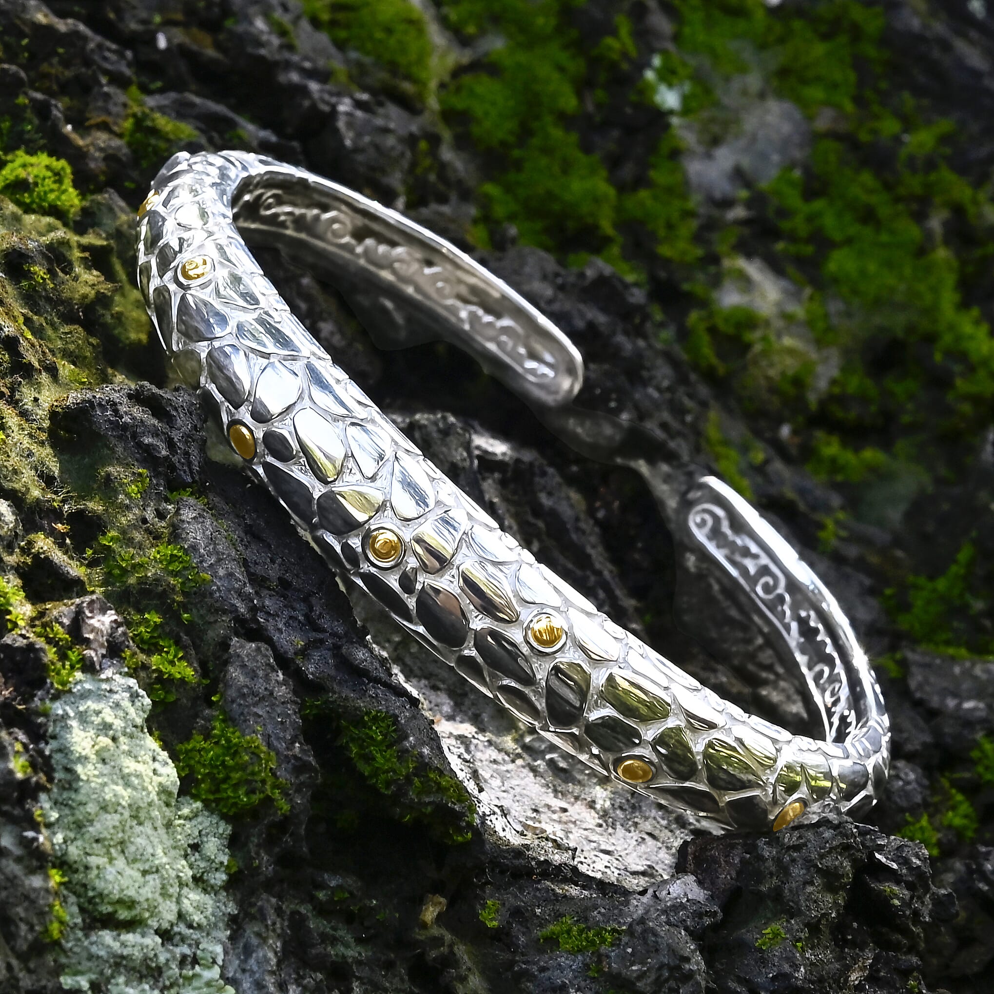 Sterling Silver Cuff Bangle (Size 7) in 18K Yellow Gold & Silver Plated