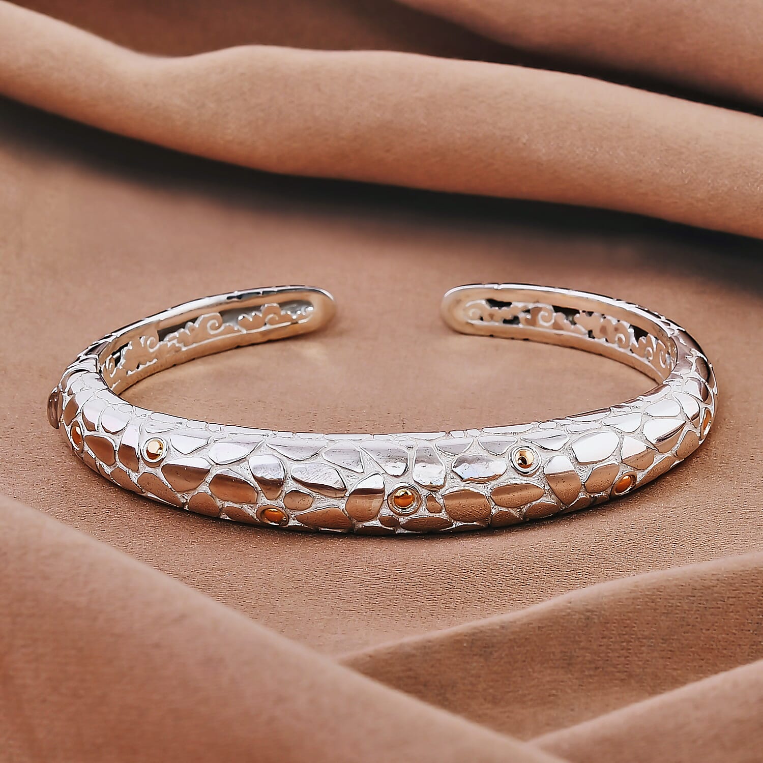 Sterling Silver Cuff Bangle (Size 7.5) in 18K Yellow Gold & Silver Plated