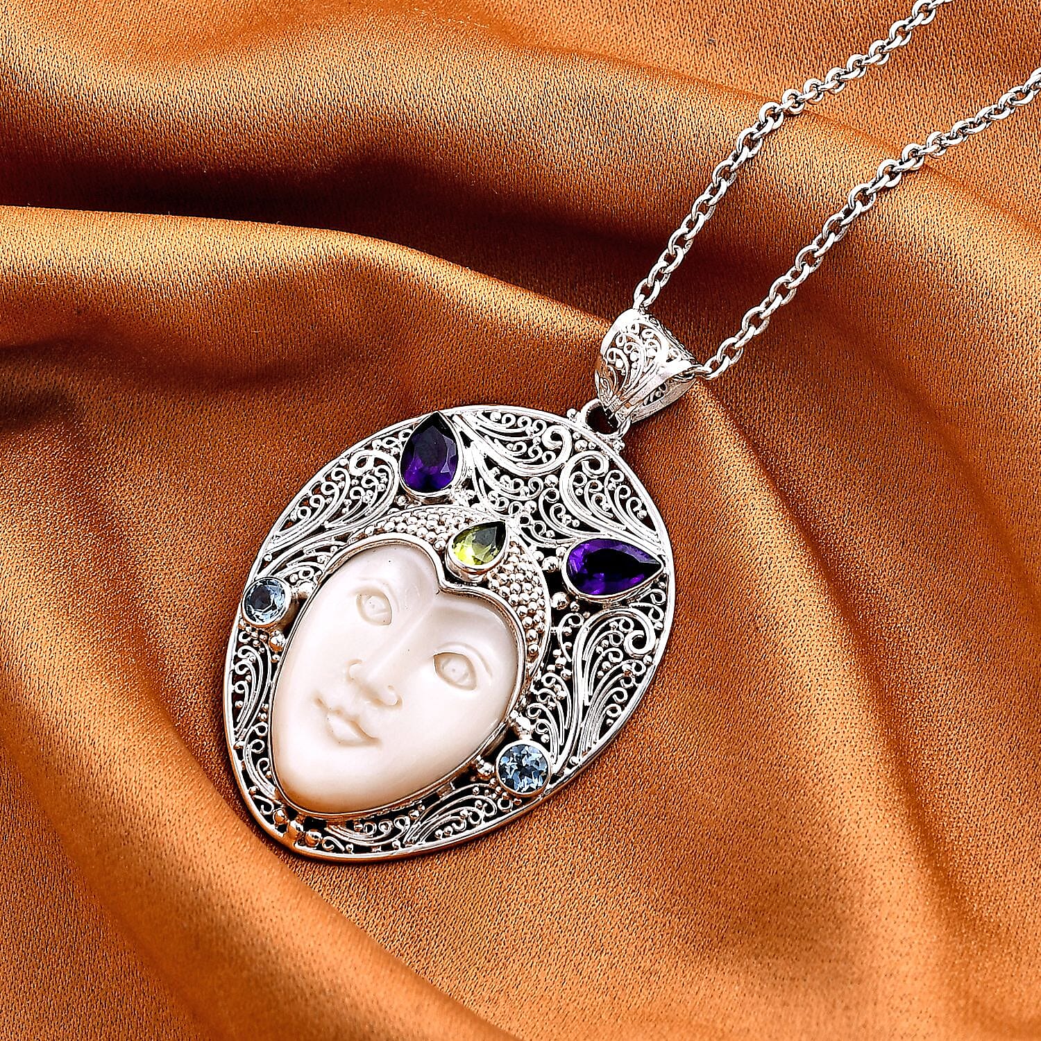Royal Bali Collection - Ox Bone, Peridot, Swiss Blue Topaz & African Amethyst Pendant in Sterling Silver 14.78 Ct.