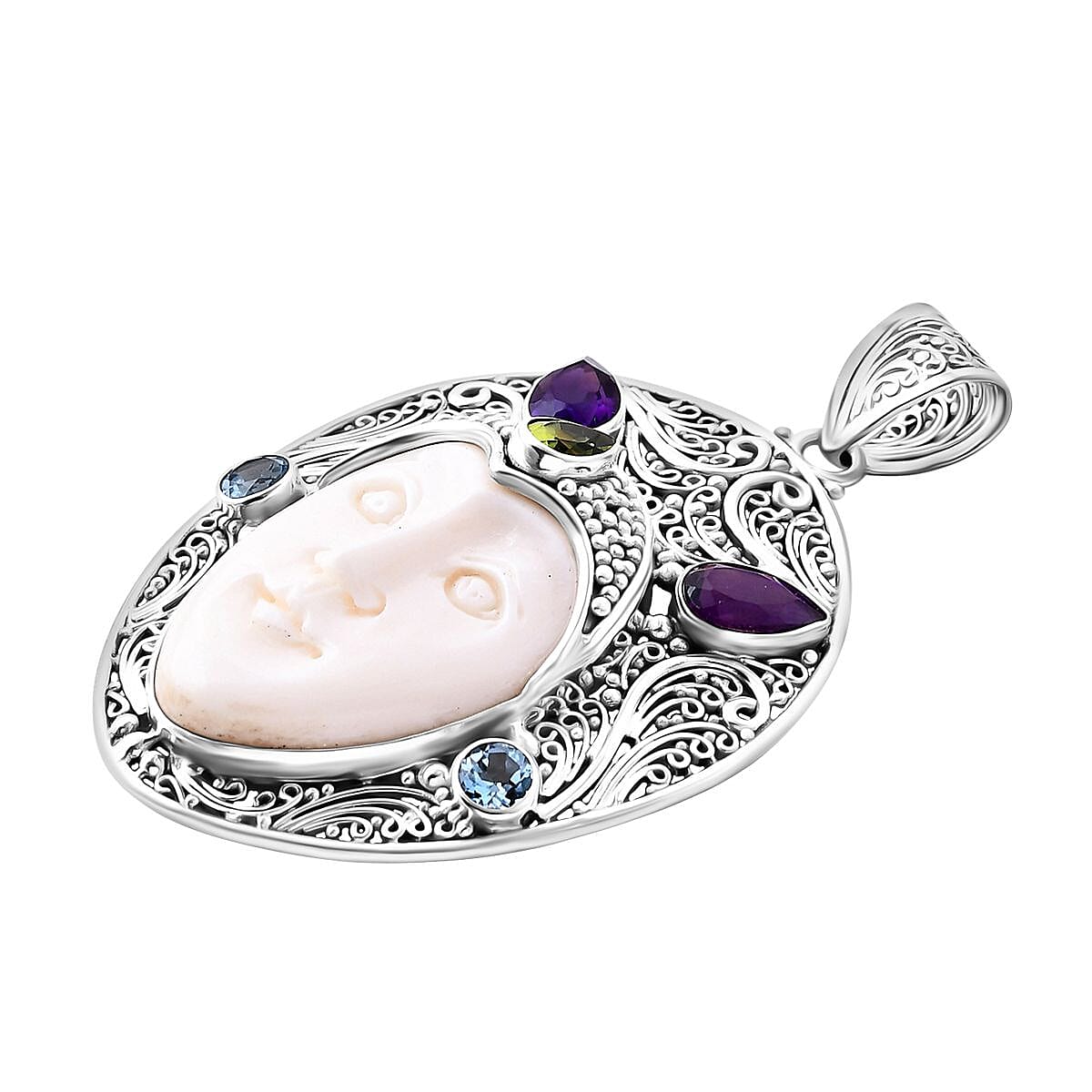 Royal Bali Collection - Ox Bone, Peridot, Swiss Blue Topaz & African Amethyst Pendant in Sterling Silver 14.78 Ct.