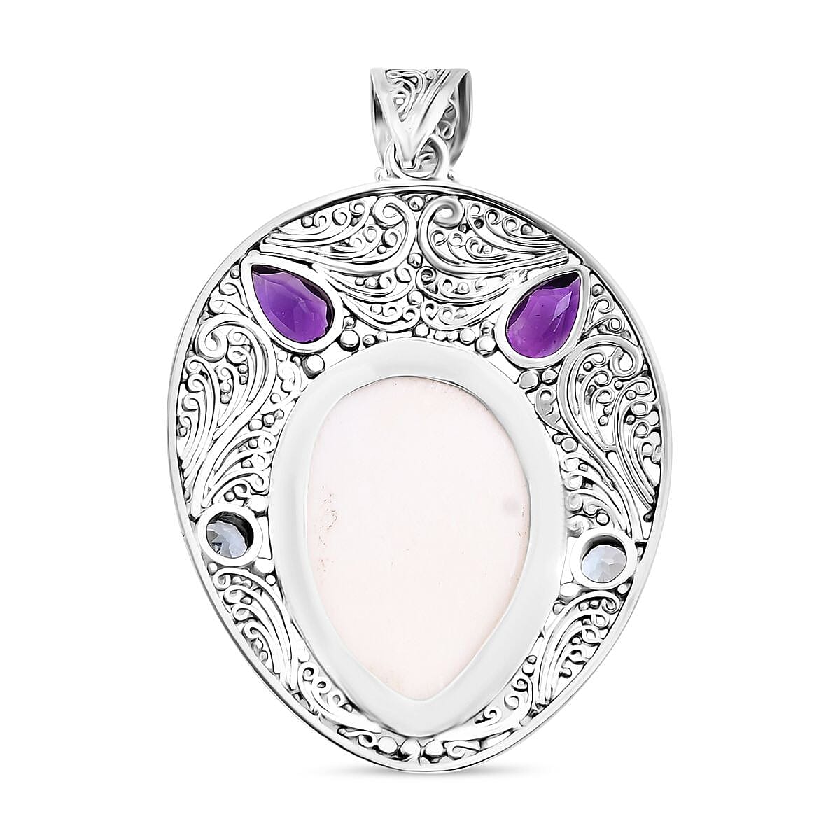 Royal Bali Collection - Ox Bone, Peridot, Swiss Blue Topaz & African Amethyst Pendant in Sterling Silver 14.78 Ct.