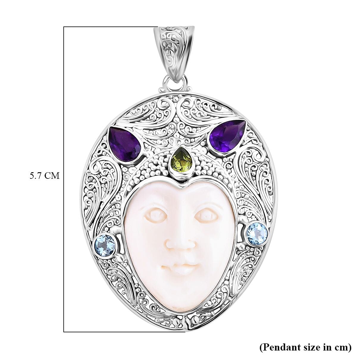 Royal Bali Collection - Ox Bone, Peridot, Swiss Blue Topaz & African Amethyst Pendant in Sterling Silver 14.78 Ct.