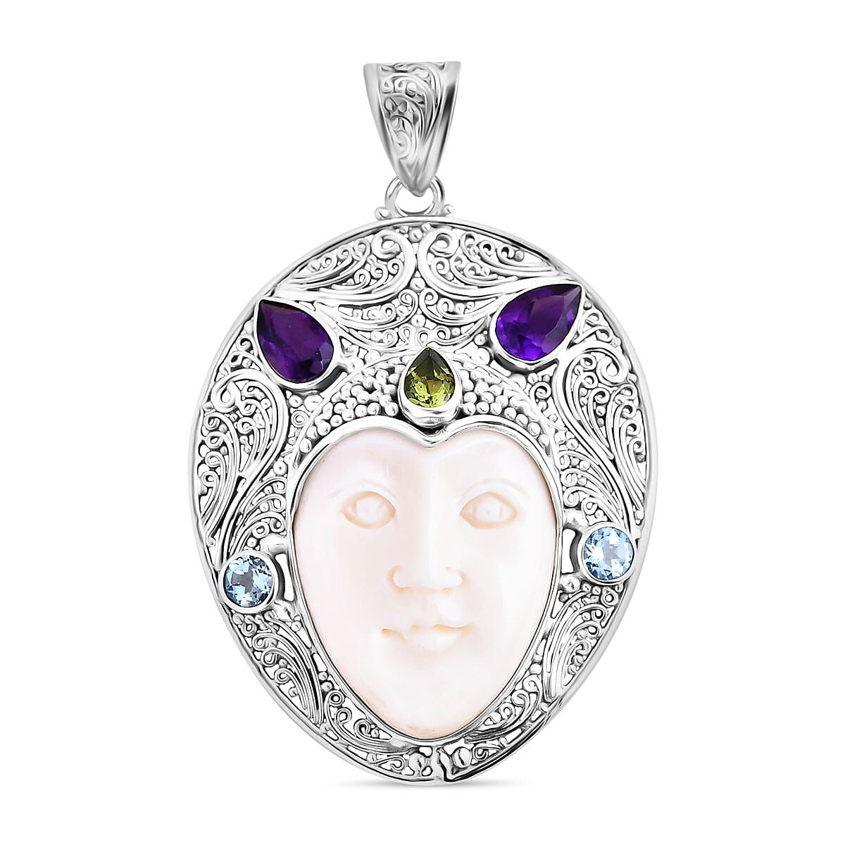 Royal Bali Collection - Ox Bone, Peridot, Swiss Blue Topaz & African Amethyst Pendant in Sterling Silver 14.78 Ct.