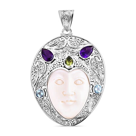 Ox Bone, Peridot, Swiss Blue Topaz, African Amethyst Godess Pendant in Sterling Silver 14.78 ct.