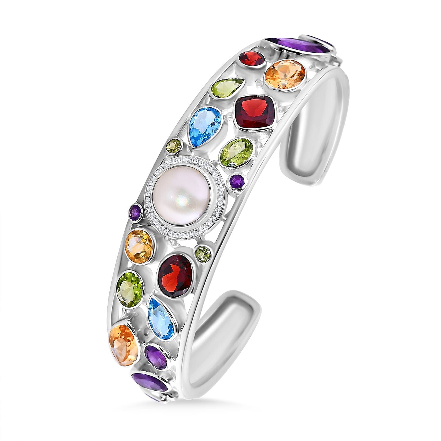Royal Bali Collection - Colours of Bali - Mabe Pearl & Multi Gemstones Cuff Bangle (Upto Size 8.5) in Sterling Silver 33.17 Ct, Silver Wt. 40.00 Gms.