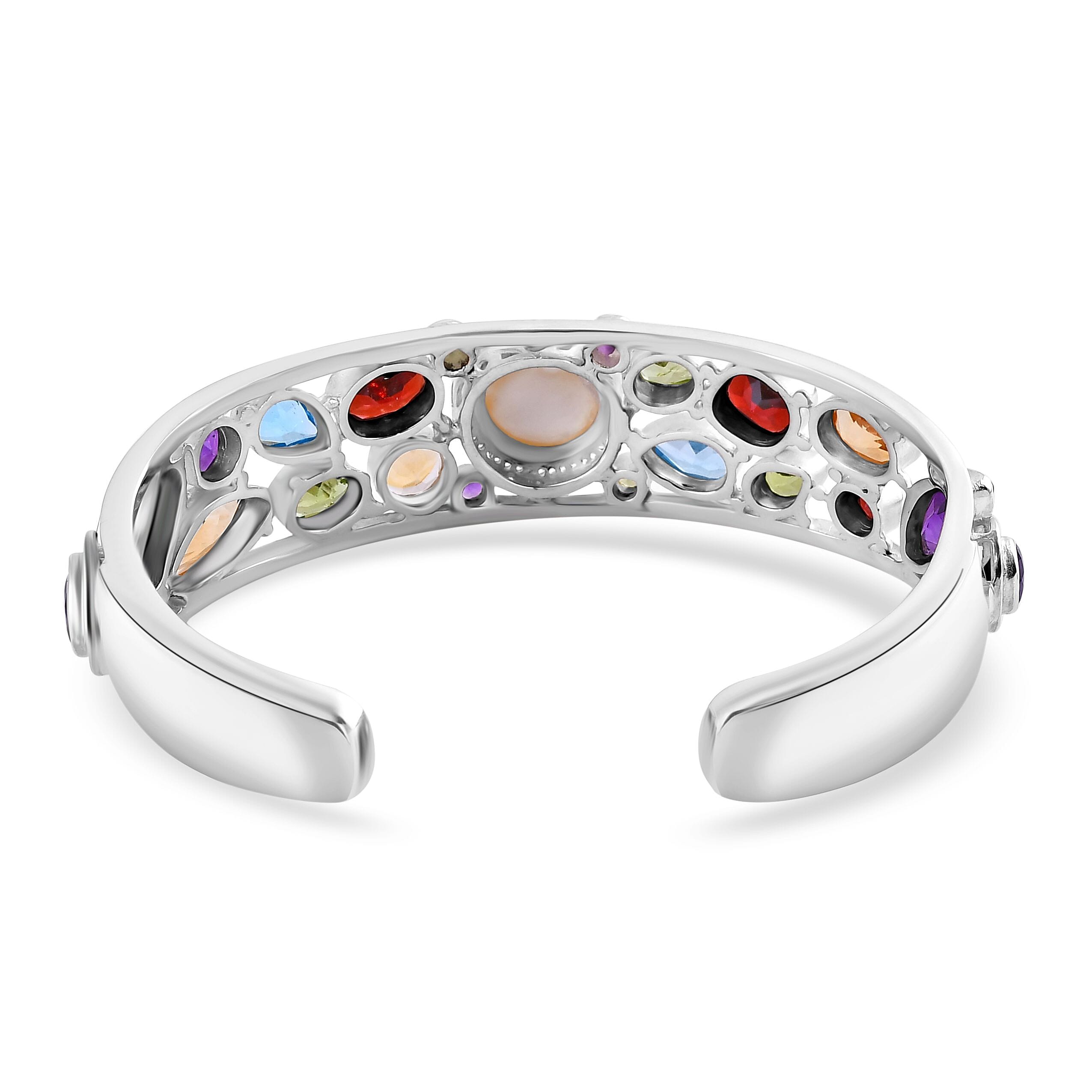 Royal Bali Collection - Colours of Bali - Mabe Pearl & Multi Gemstones Cuff Bangle (Upto Size 8.5) in Sterling Silver 33.17 Ct, Silver Wt. 40.00 Gms.