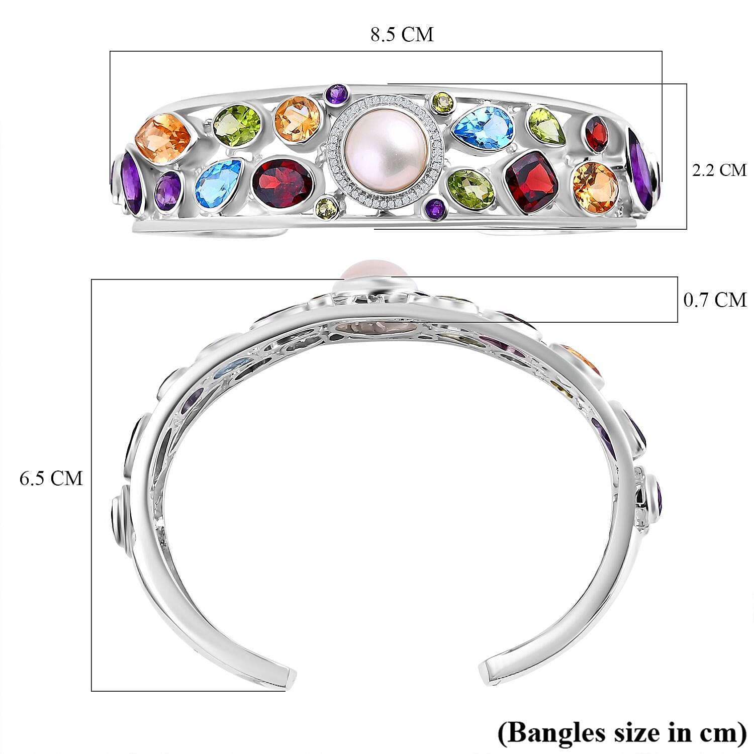 Royal Bali Collection - Colours of Bali - Mabe Pearl & Multi Gemstones Cuff Bangle (Upto Size 8.5) in Sterling Silver 33.17 Ct, Silver Wt. 40.00 Gms.