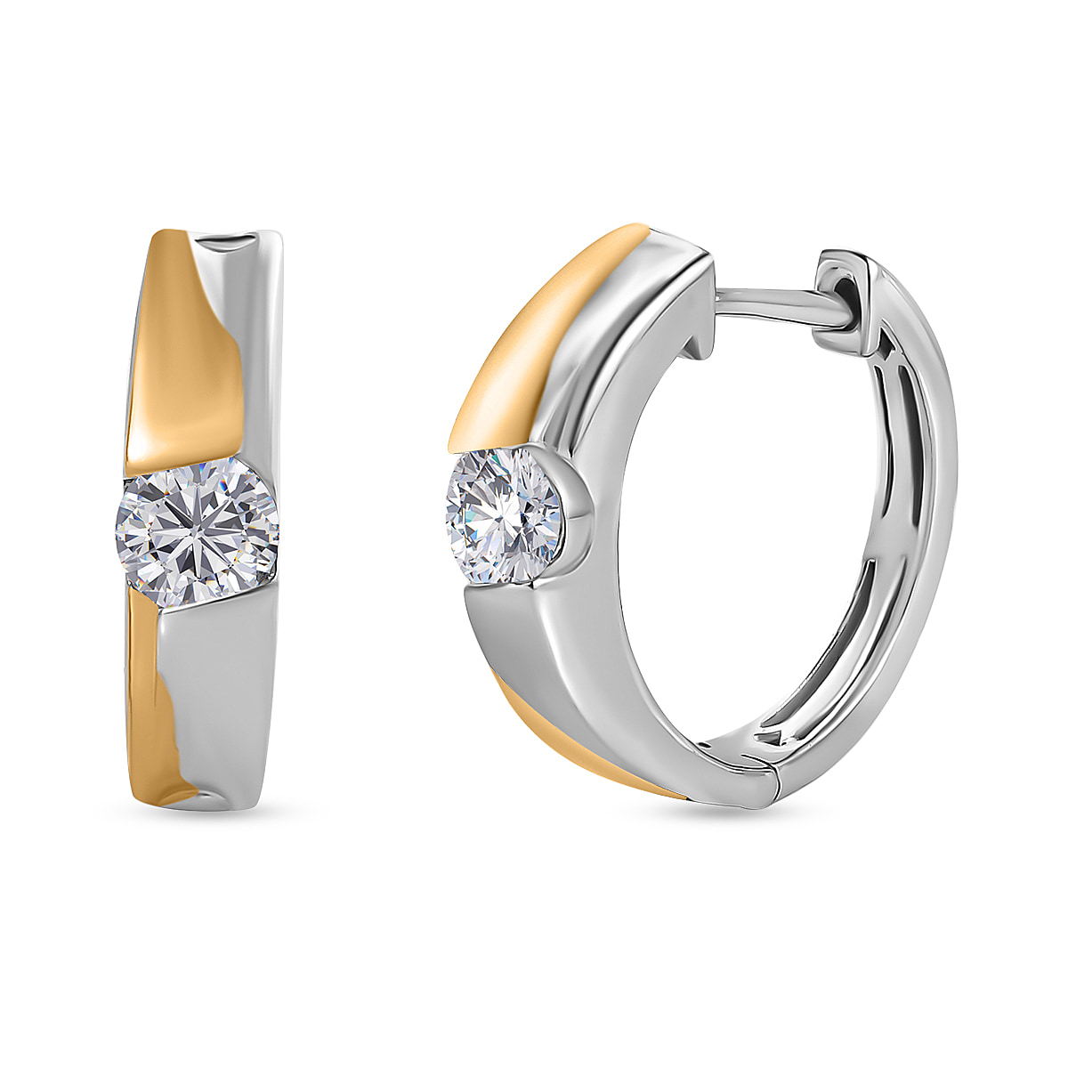 Moissanite Solitaire Hoop Earrings in 18K Yellow Gold Vermeil & Platinum Plated Sterling Silver, Silver Wt 5.45 GM