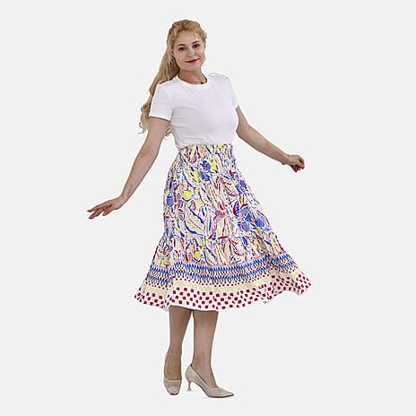 TAMSY 100% Viscose Floral Pattern Elastic Waist Summer Maxi Skirt (One Size) - Blue - Yellow