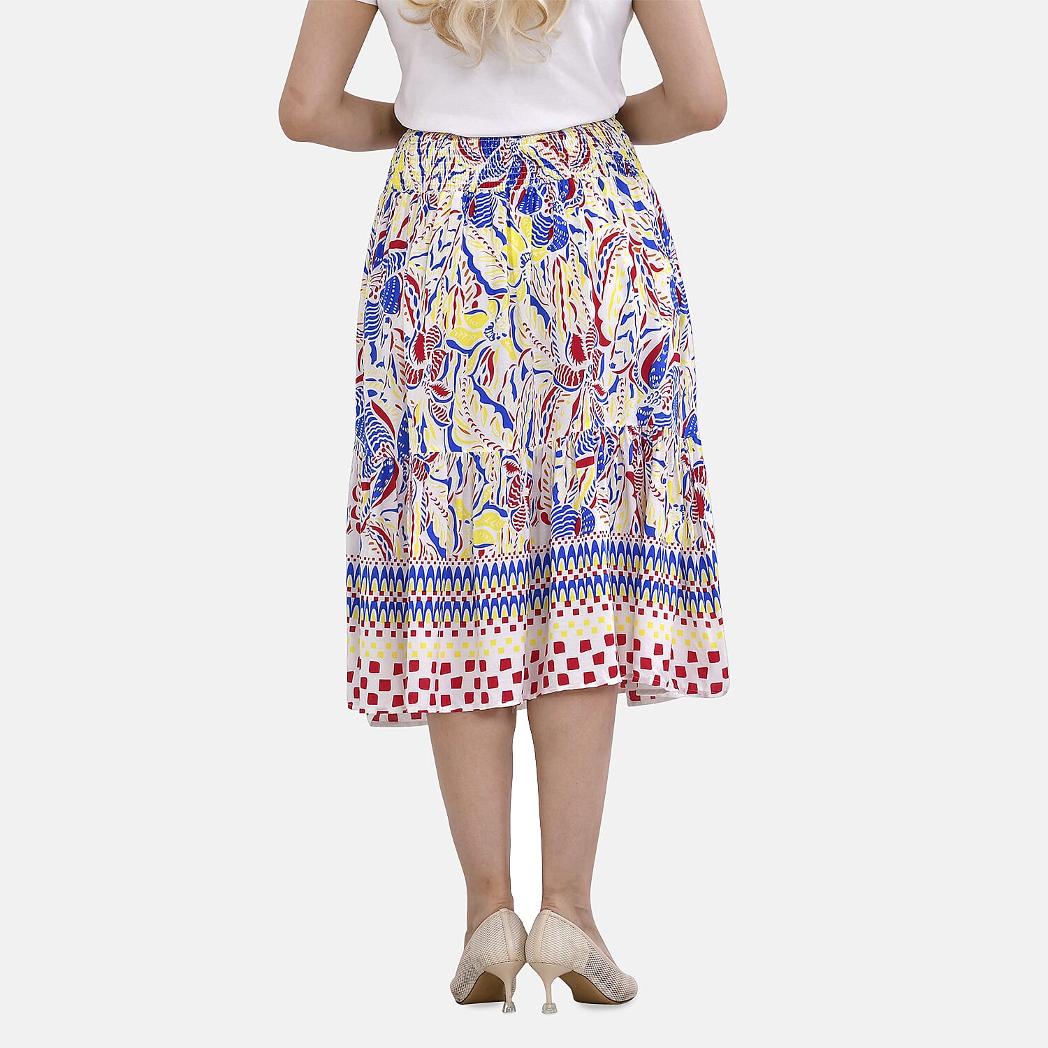 TAMSY 100% Viscose Floral Pattern Elastic Waist Summer Maxi Skirt (Fits upto 20) - White